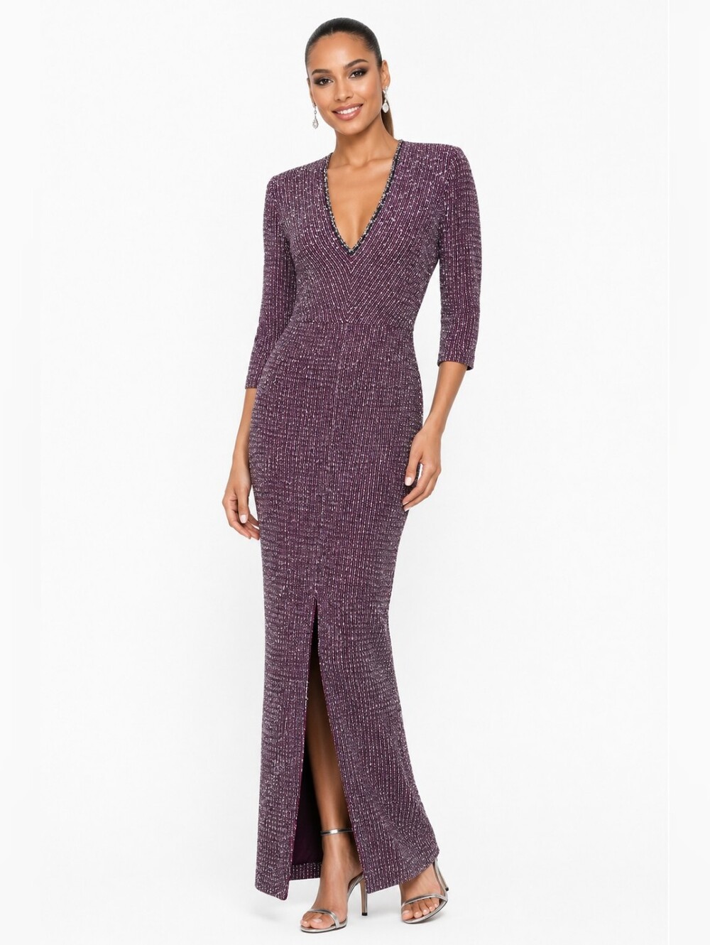 St John Size 8 Sequin Embellished Metallic Knit Evening Gown Maxi Dress Purple